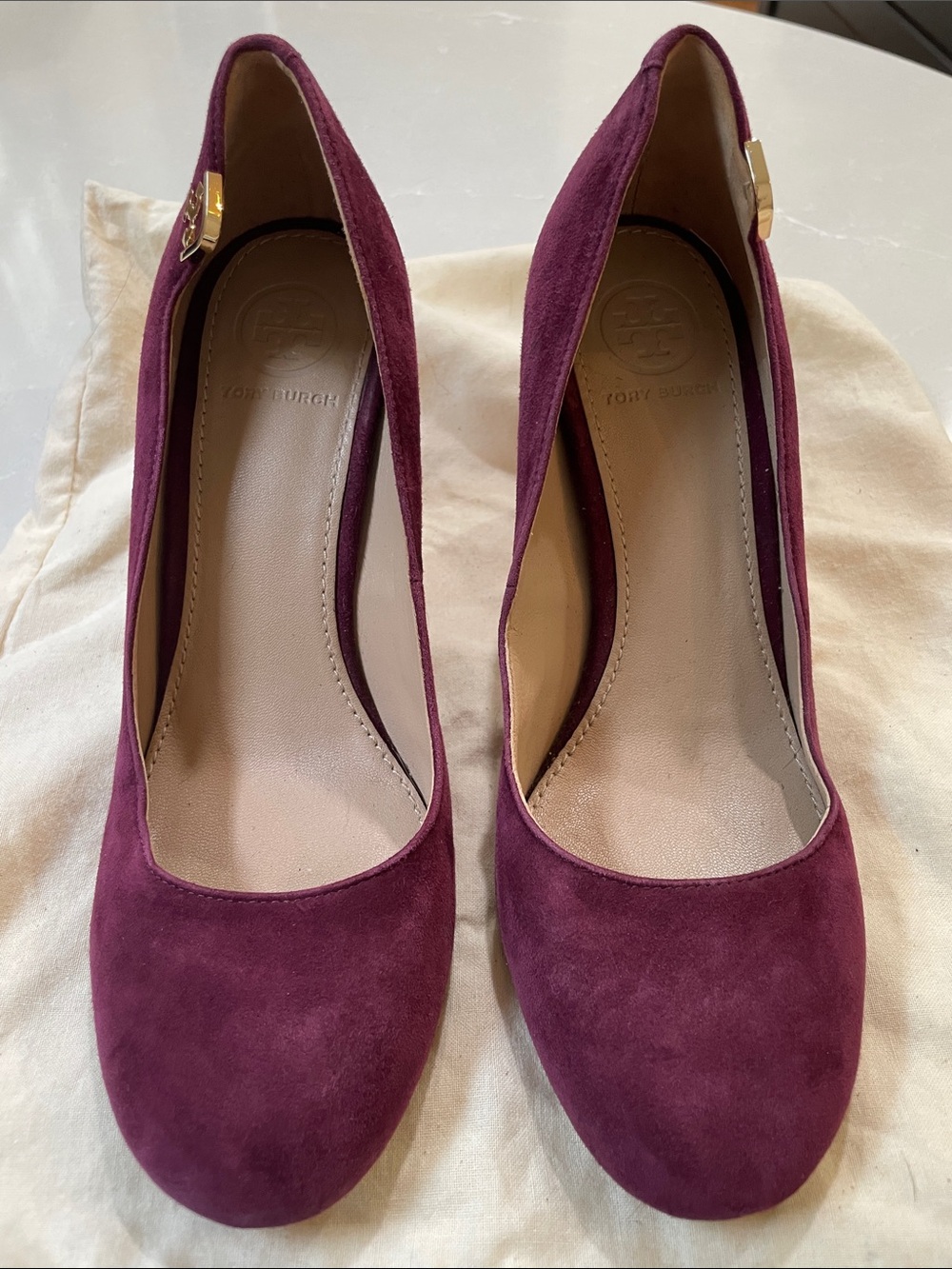 Tory Burch Plum Suede Round-Toe Pumps with Gold Accent